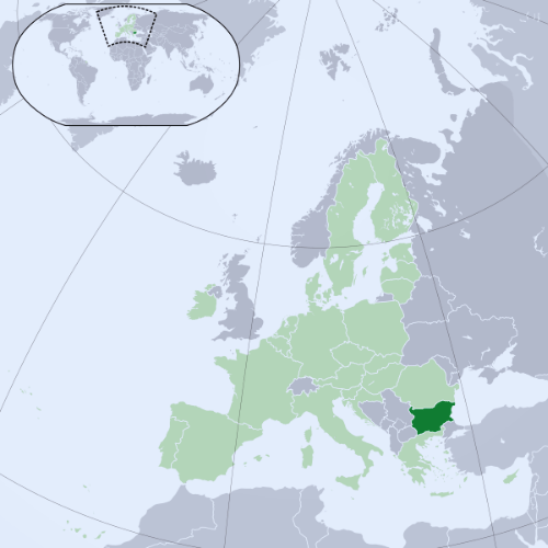 Pictorial representation of big size map of Bulgaria in the world map