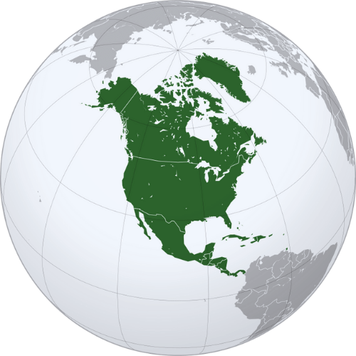 Map of North America and outline showing for all countries in North America