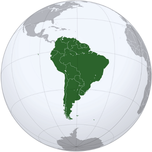 Map of south America and outline showing for all countries in South America