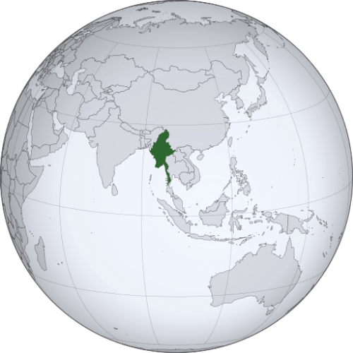 Pictorial representation of big size map of Myanmar in the world map